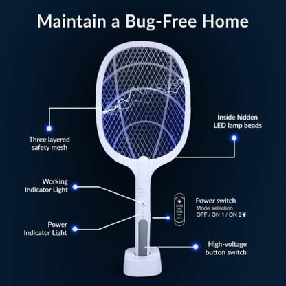 High-Power Electric Mosquito Bat with Base Stand | USB Rechargeable Bug Zapper for Home, Garden & Outdoor | Automatic UV Light Trap